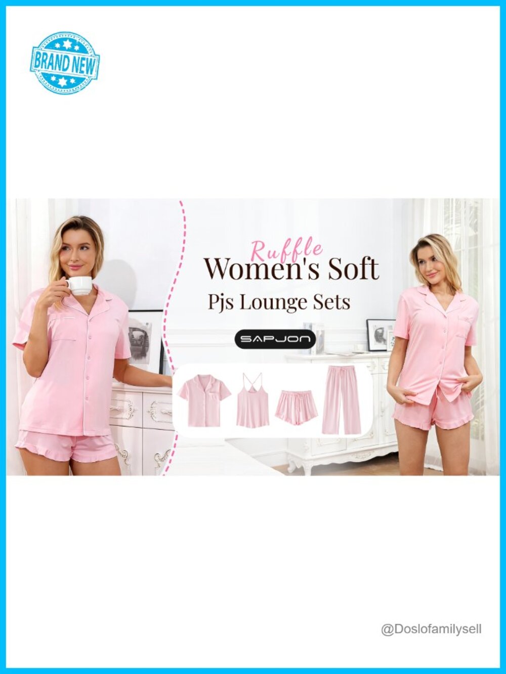 4 Piece Soft Pajama Set Short Sleeve Button Down Top Pants Cami Ruffle Shorts - Picture 6 of 6